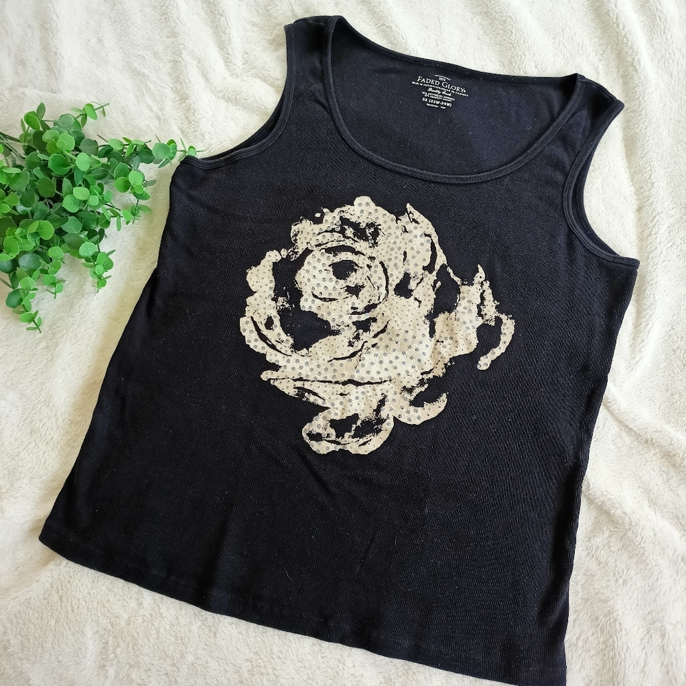 🌷3/5🌷 Faded Glory Black Rose Tank Top Size 3X
